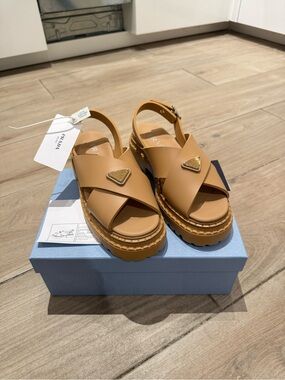 Prada Tan Cross-Strap Rubber Platform Sandals with Logo